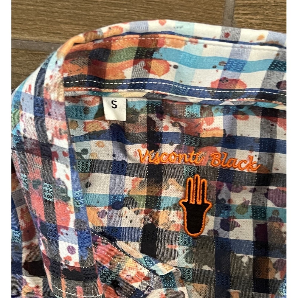 Luchiano Visconti Black Men's Size Small Paint Splatter Plaid Button Down Shirt - Picture 5 of 7